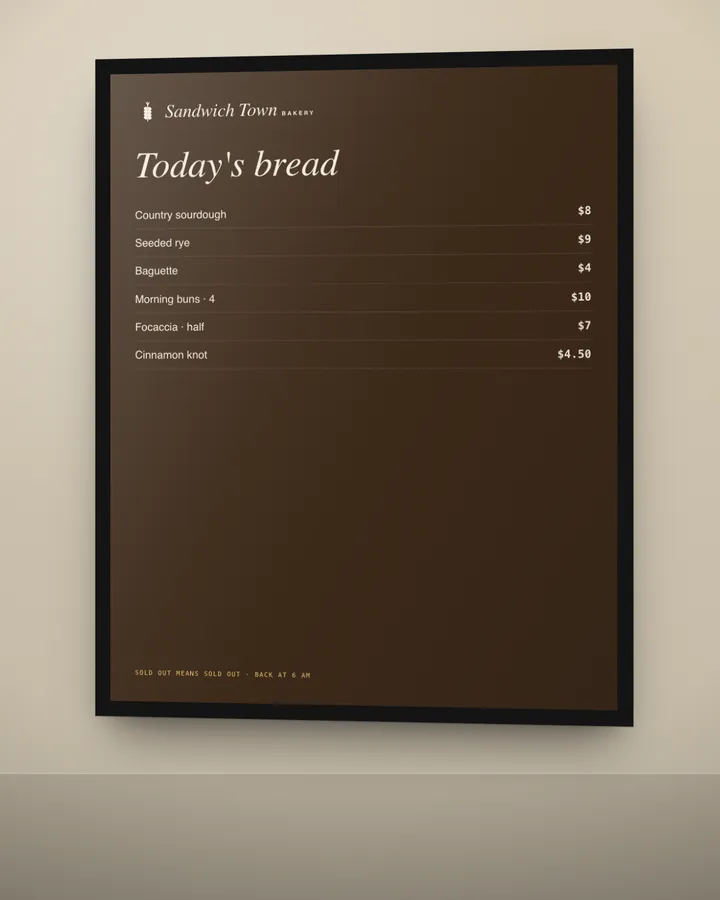 Sandwich Town Bakery: Menu board
