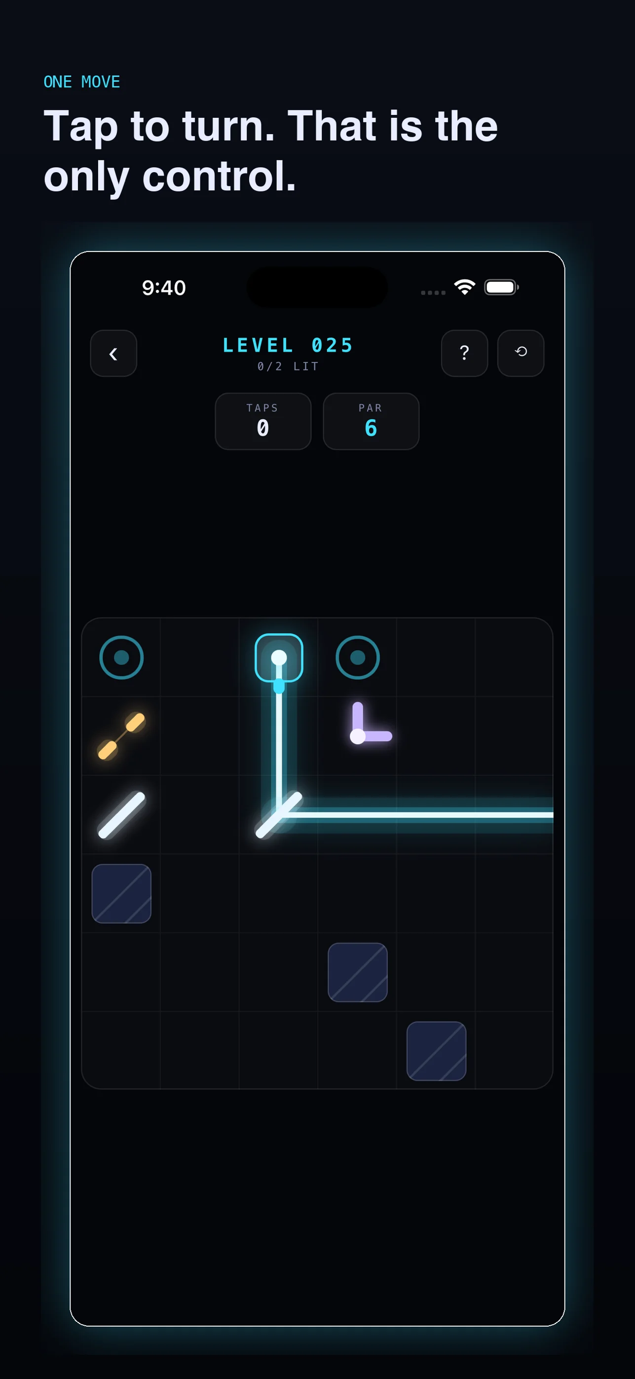 BeamFall level with a cyan beam routed through mirrors and a prism