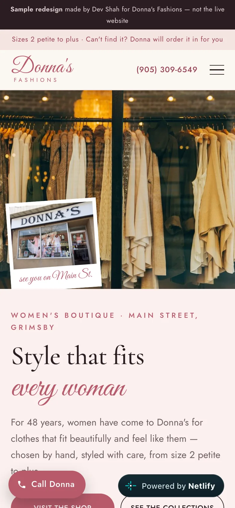 Donna's Fashions sample site on a phone
