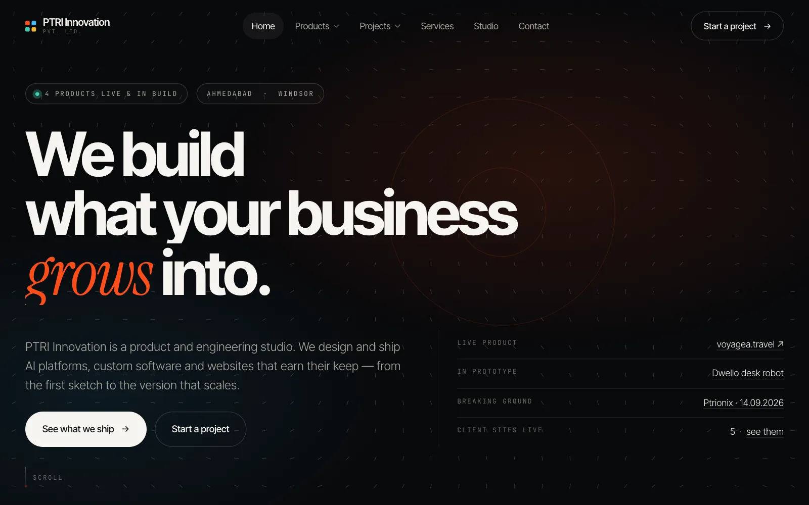 PTRI Innovation website hero on a dark background with an orange italic headline