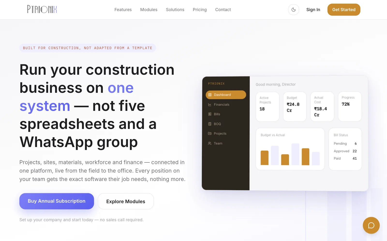 Ptrionix construction ERP landing page with a dashboard preview