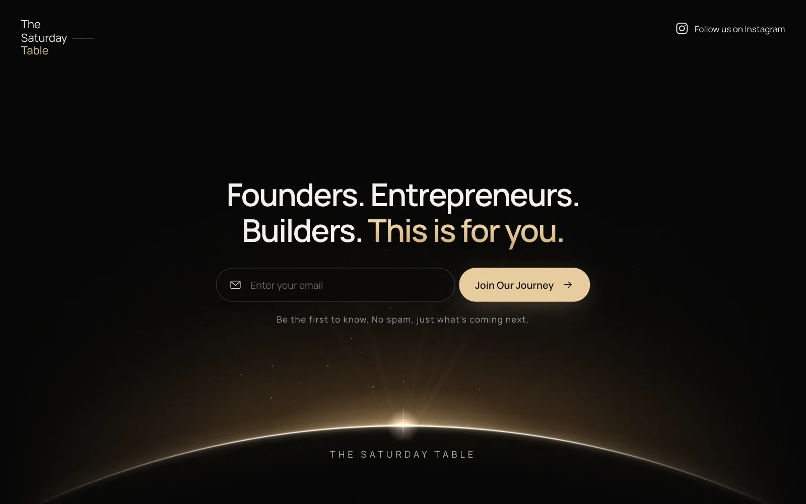 The Saturday Table sign-up page, black with a gold horizon and an email field