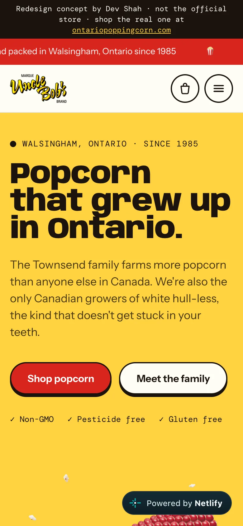 Uncle Bob's Popcorn sample site on a phone